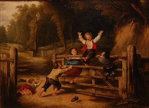 Children playing on a farm in William Collins' nineteenth century painting "The Old Farm Gate"